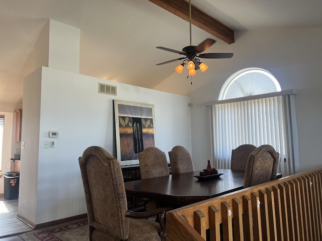 dining room with lofted ceiling with beams, baseboards, visible vents, and a ceiling fan