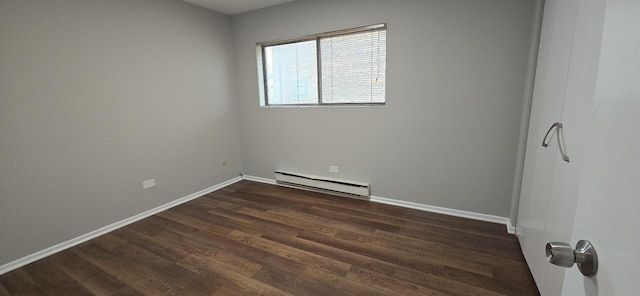 unfurnished room featuring dark wood-style flooring, baseboard heating, and baseboards