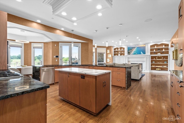 kitchen with a fireplace, a large island, appliances with stainless steel finishes, light wood-style floors, and open floor plan