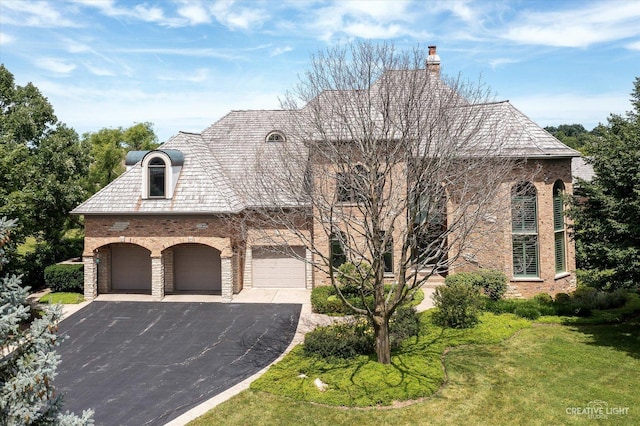 french country inspired facade with a high end roof, a chimney, aphalt driveway, and brick siding