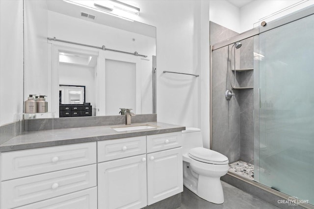 full bathroom with toilet, a stall shower, visible vents, and vanity