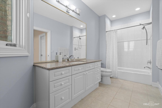 bathroom featuring toilet, tile patterned flooring, shower / bath combination with curtain, vanity, and recessed lighting