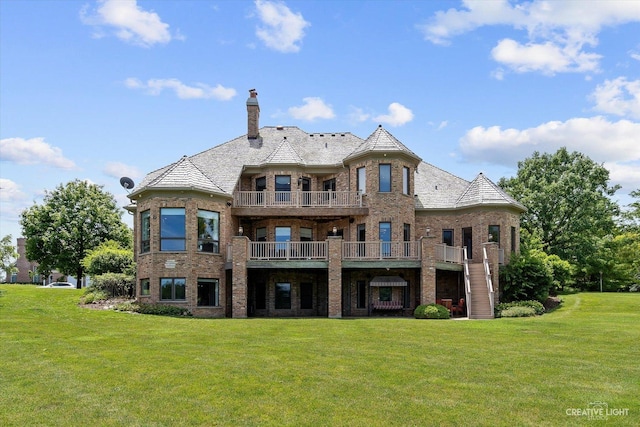 back of property featuring a lawn, a balcony, a chimney, a high end roof, and brick siding