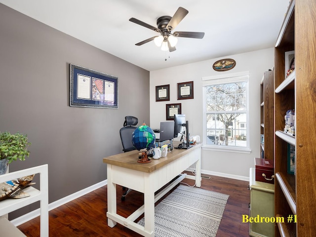 office with a ceiling fan, baseboards, and wood finished floors