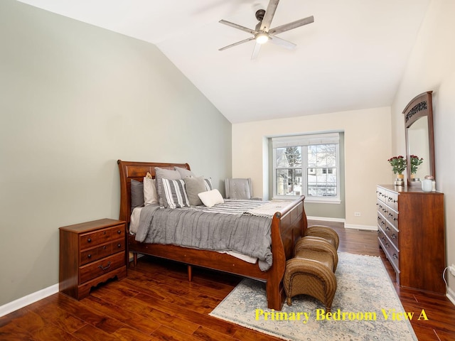 bedroom featuring lofted ceiling, ceiling fan, dark wood-style floors, and baseboards