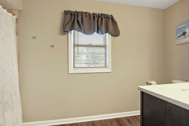 bathroom featuring baseboards, wood finished floors, and vanity