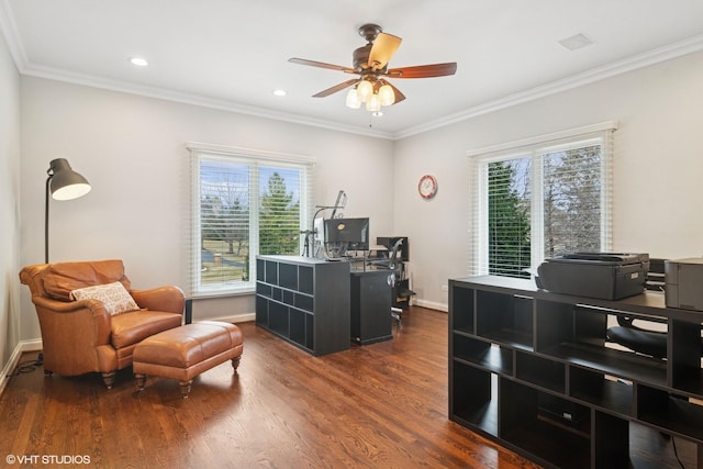 home office featuring recessed lighting, ornamental molding, baseboards, dark wood-style floors, and ceiling fan