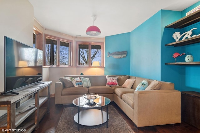 living room with dark wood-style flooring
