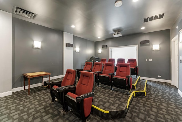 carpeted home theater with recessed lighting, visible vents, and baseboards