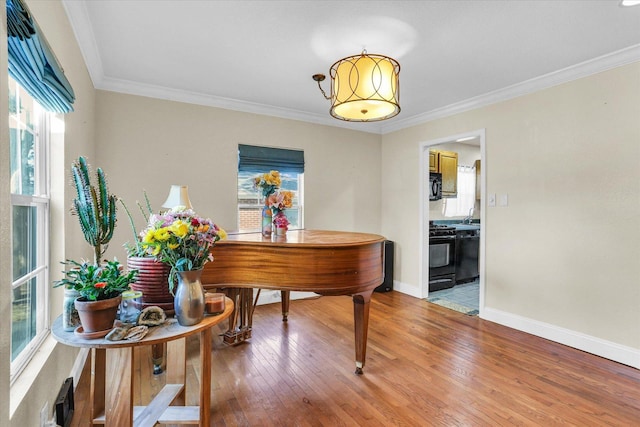 interior space featuring crown molding, baseboards, and light wood finished floors