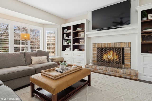 living room with a fireplace