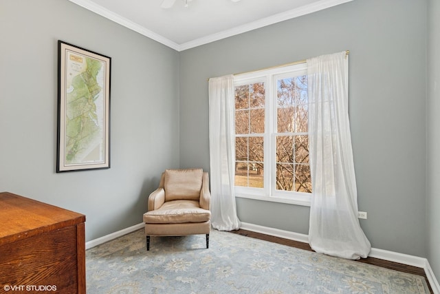 living area featuring crown molding, a ceiling fan, and baseboards