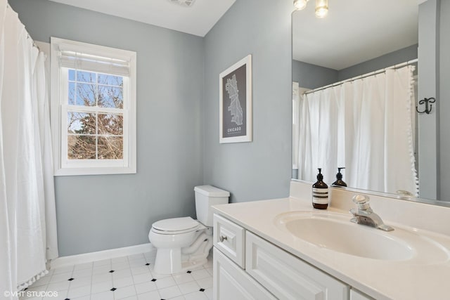 bathroom featuring vanity, visible vents, baseboards, tile patterned floors, and toilet