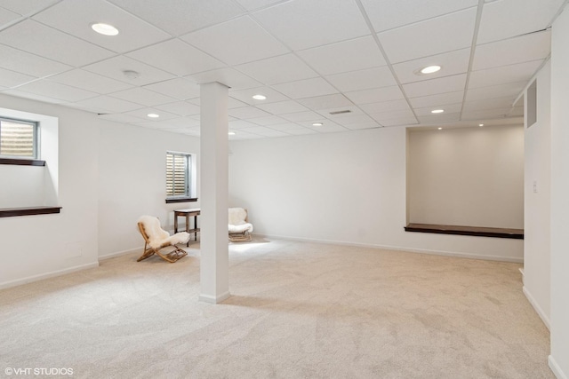 basement featuring recessed lighting and carpet flooring