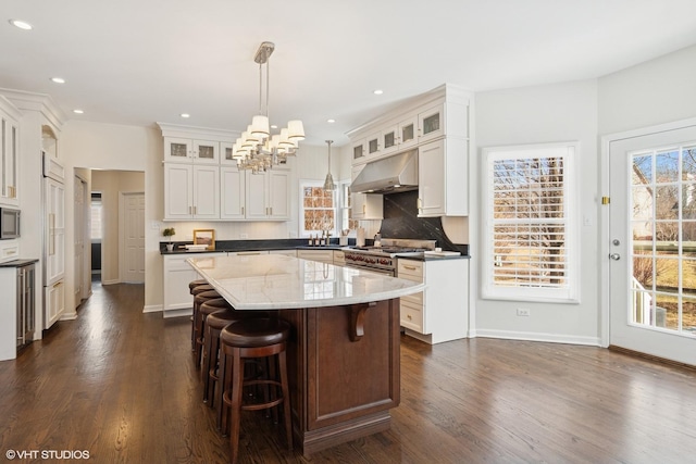 kitchen with under cabinet range hood, decorative backsplash, plenty of natural light, and a sink