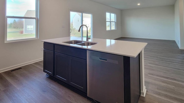 kitchen with a sink, visible vents, dark wood-style floors, light countertops, and dishwasher