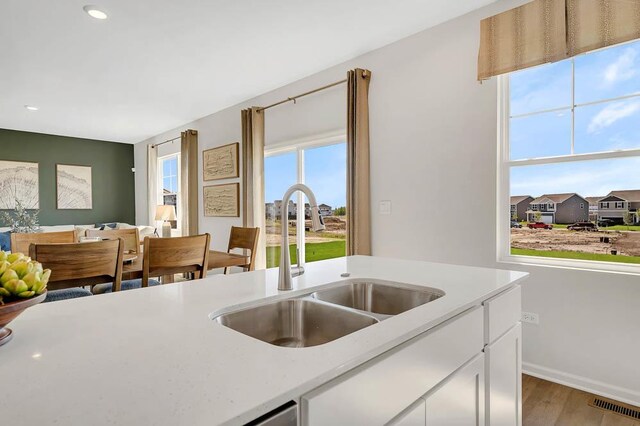 kitchen featuring light countertops, visible vents, a sink, and white cabinetry