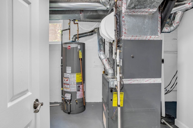 utility room with gas water heater and heating unit