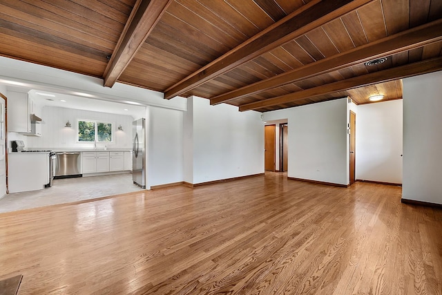 unfurnished living room featuring a sink, light wood-type flooring, wooden ceiling, beamed ceiling, and baseboards