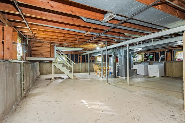 unfinished below grade area with independent washer and dryer, stairway, and water heater