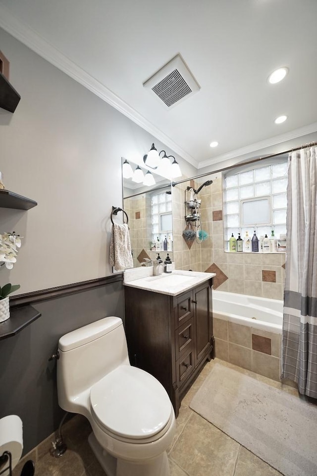 bathroom with tile patterned flooring, toilet, tiled shower / bath combo, visible vents, and crown molding