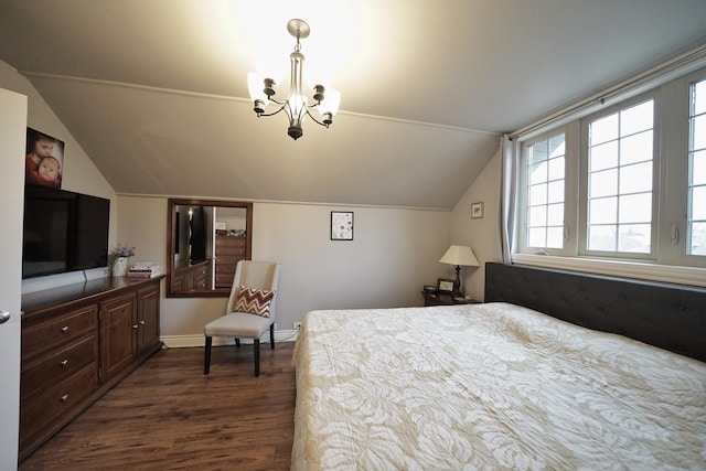 bedroom with lofted ceiling, dark wood-style flooring, baseboards, and an inviting chandelier