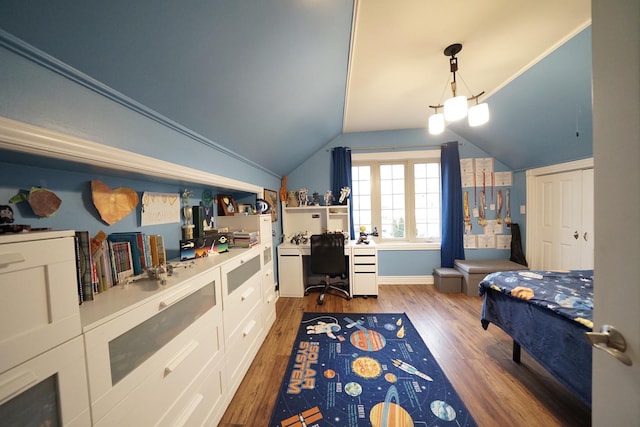 bedroom with lofted ceiling and wood finished floors