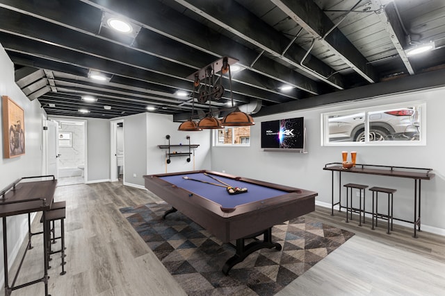 recreation room with pool table, baseboards, and wood finished floors