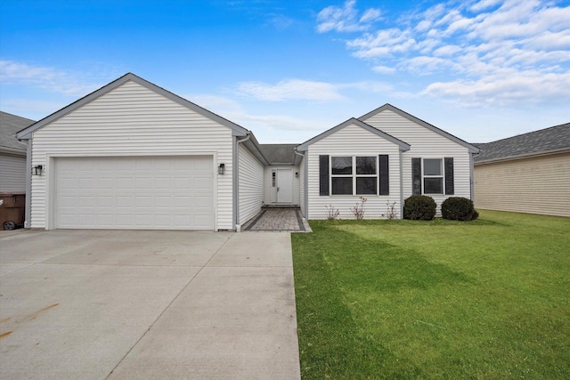 single story home featuring driveway, an attached garage, and a front yard