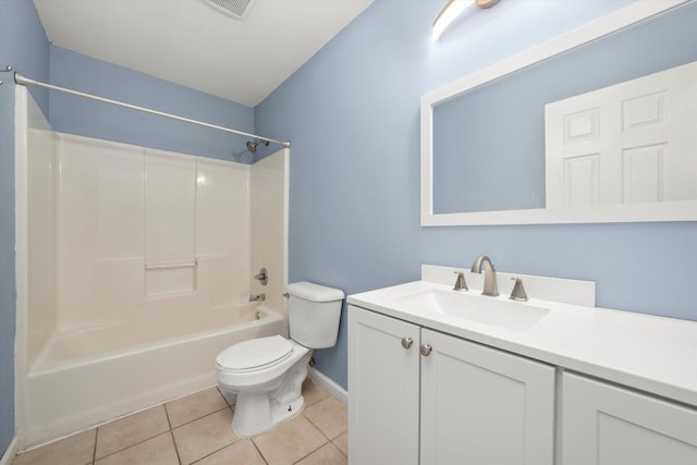 full bathroom with visible vents, toilet, washtub / shower combination, vanity, and tile patterned flooring