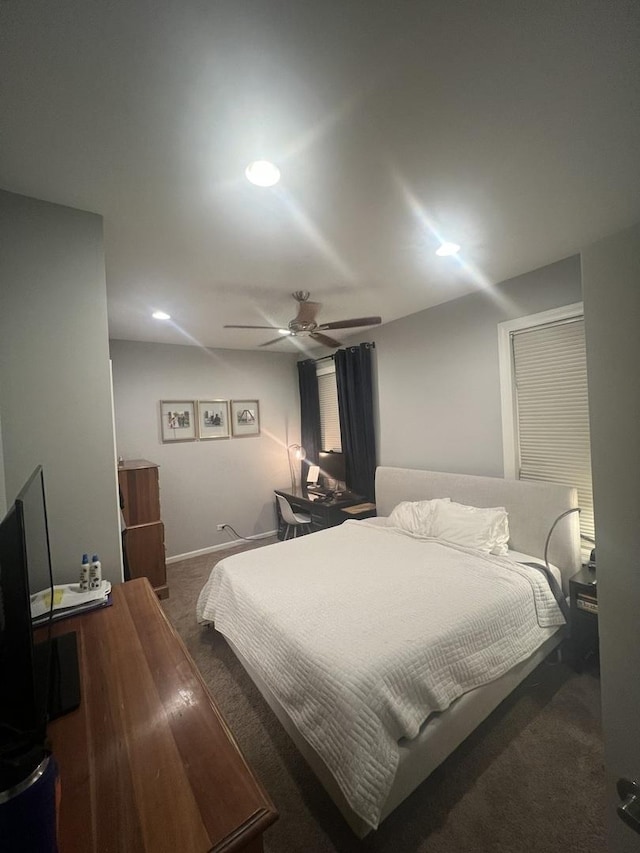 bedroom featuring recessed lighting, baseboards, a ceiling fan, and carpet floors