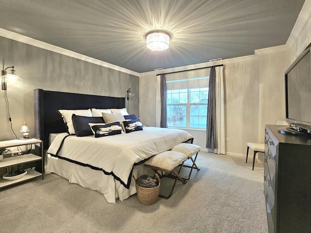 bedroom with light colored carpet and baseboards