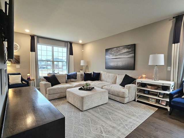 living area with wood finished floors and recessed lighting