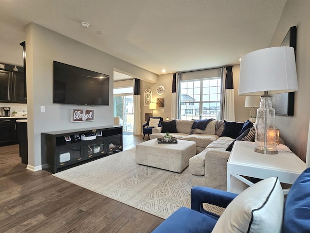 living area with a healthy amount of sunlight, baseboards, and wood finished floors