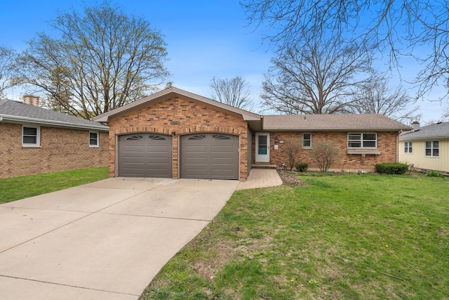 ranch-style house with a shingled roof, a front lawn, driveway, brick siding, and a garage