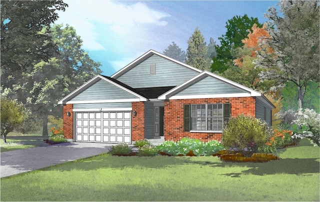 view of front of house featuring a garage, a front yard, brick siding, and driveway