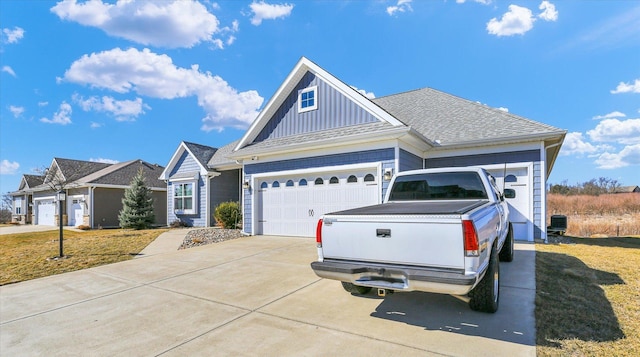 view of front facade featuring a shingled roof, concrete driveway, board and batten siding, a garage, and a front lawn