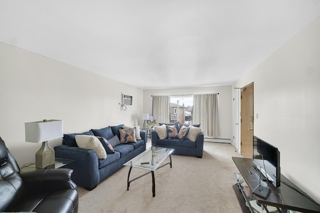 living room with a baseboard heating unit, an AC wall unit, and light carpet