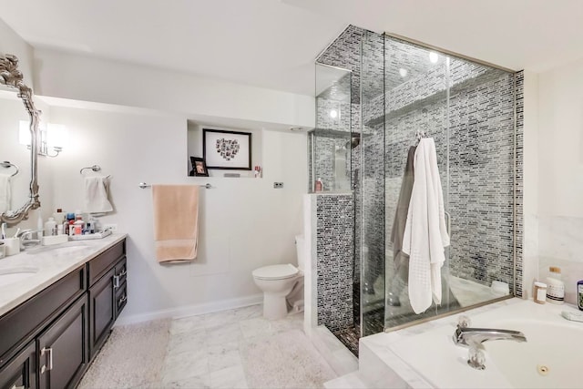 bathroom featuring double vanity, toilet, a tub with jets, a shower stall, and a sink