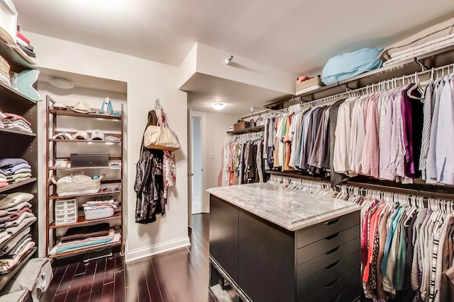 walk in closet with dark wood finished floors