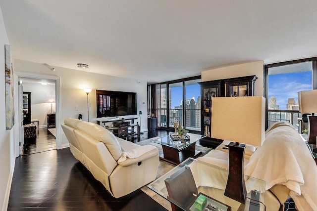 living room with baseboards, wood finished floors, and floor to ceiling windows