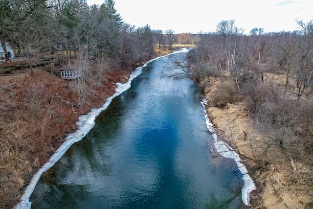 drone / aerial view featuring a forest view