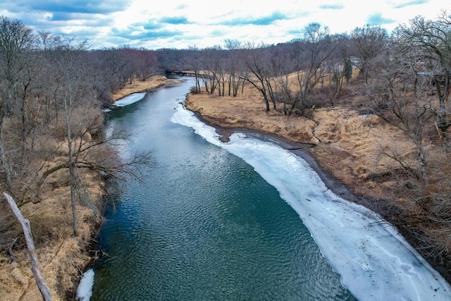 drone / aerial view featuring a water view and a view of trees