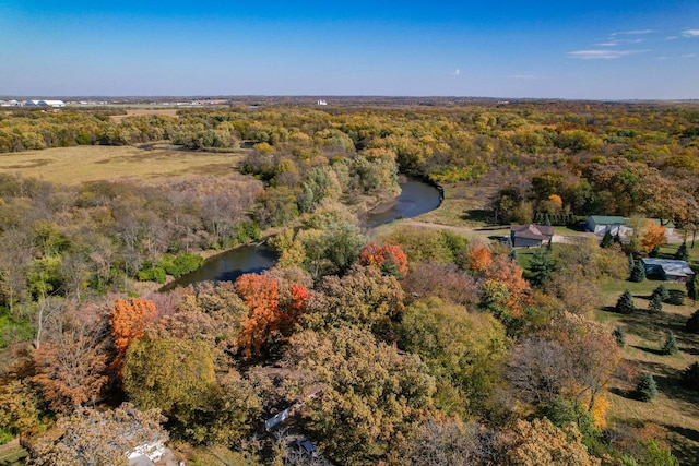 bird's eye view featuring a water view and a wooded view