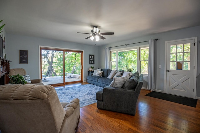 living room with a ceiling fan and hardwood / wood-style floors