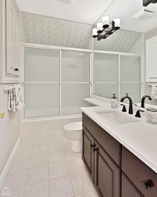 full bathroom with toilet, visible vents, vanity, combined bath / shower with glass door, and tile patterned floors