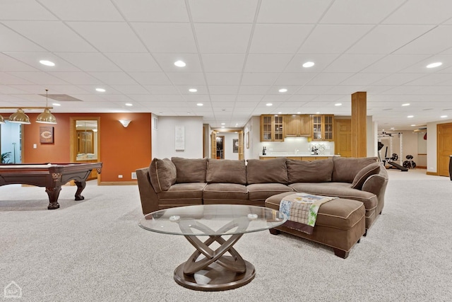 living area featuring recessed lighting, pool table, light colored carpet, and baseboards