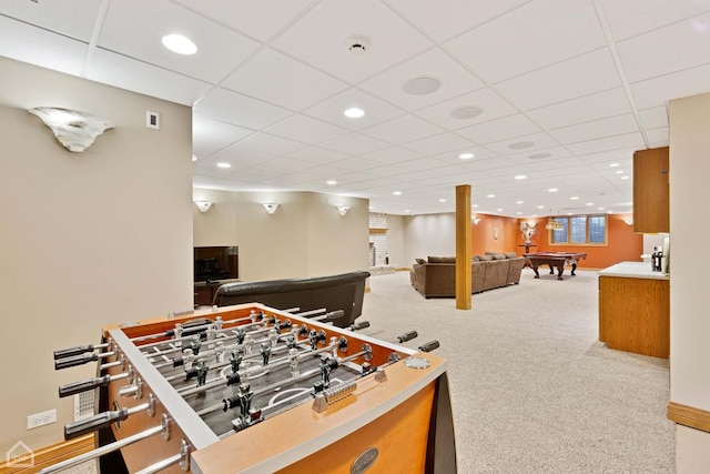 playroom featuring pool table, a drop ceiling, carpet, and recessed lighting