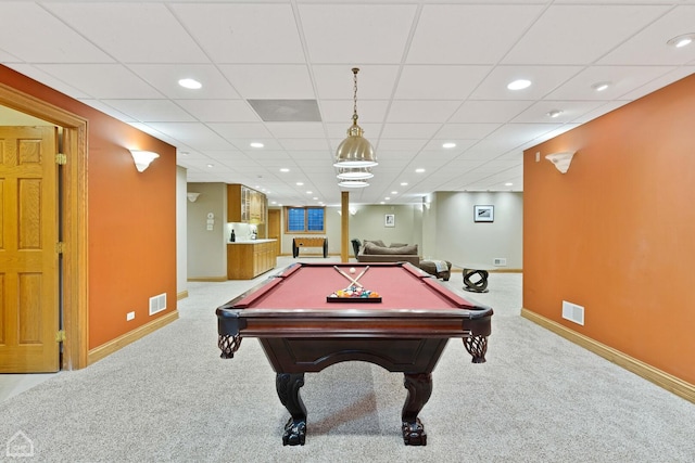 recreation room featuring recessed lighting, baseboards, visible vents, and carpet flooring