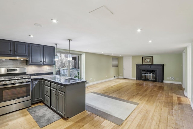 kitchen featuring stainless steel gas stove, tasteful backsplash, light wood-style floors, under cabinet range hood, and a fireplace